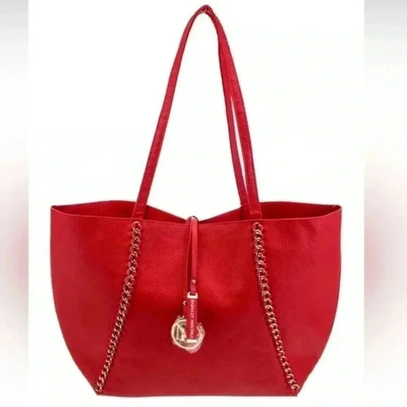 NWT Badgley Mischka Red with Gold Decorative Chain Pebbled Tote - Picture 1 of 5